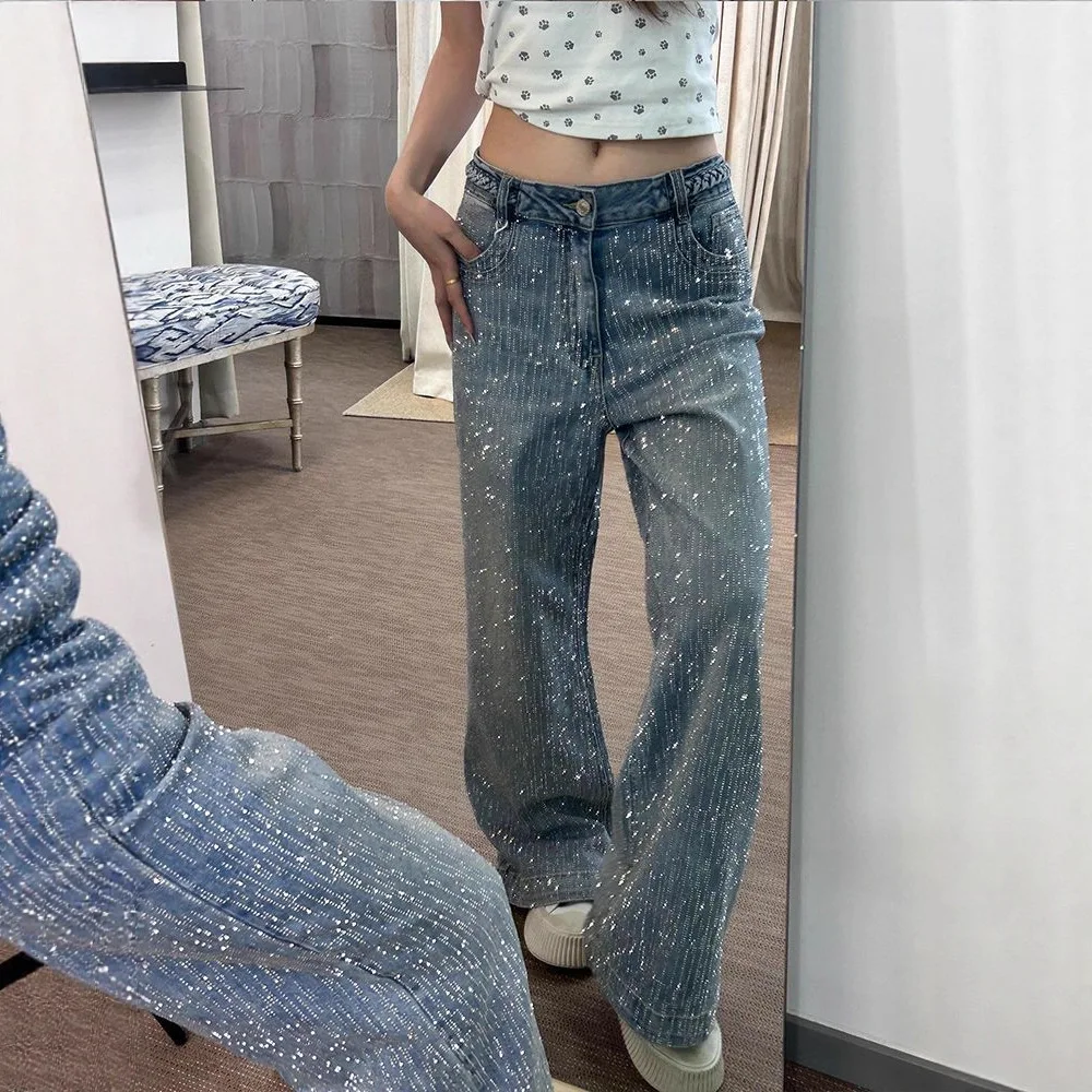 TWOTWINSTYLE ブルー スプライス ダイヤモンド ラグジュアリー トラウザーズ 女性用 ハイウエスト ルーズ アメリカン レトロ レディース ワイドレッグパンツ 秋ファッション