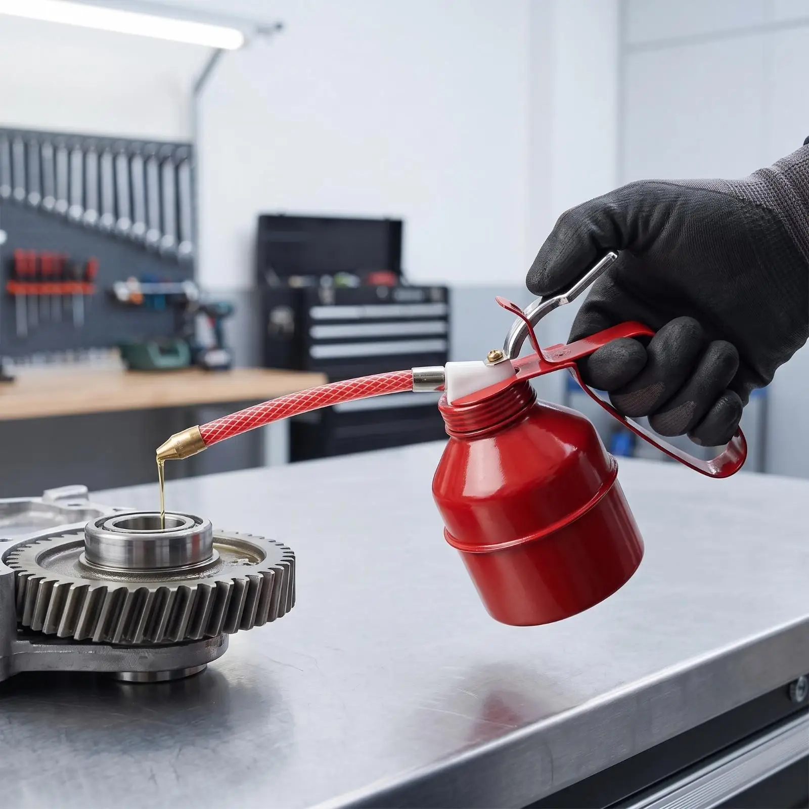 Hand Pump Oil Dispenser Metal Can with Braided Hose for Precise Lubrication of Workshop Machinery and Tools