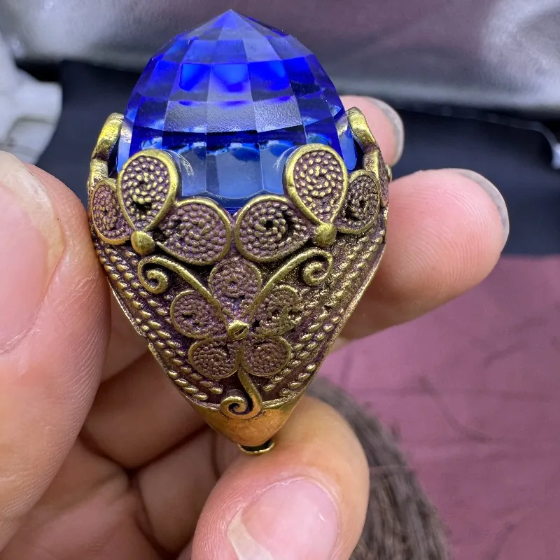 Adjustable Open Ring with 20mm Flame Face, Lab Created Blue Corundum Gemstone, Mohs Hardness 9 Premium Fashion Finger Jewelry