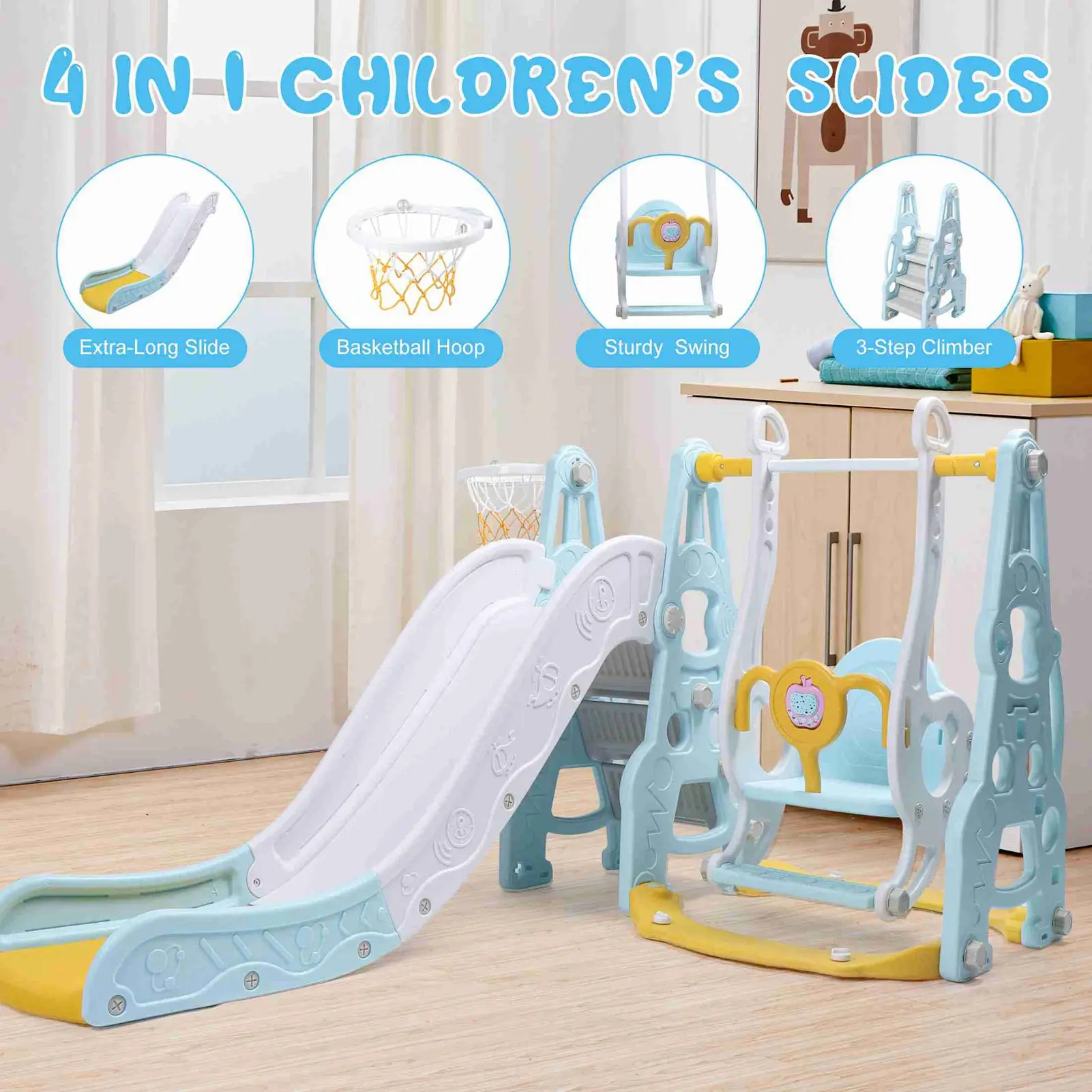 4-in-1 speelset voor peuters, schommelglijbaan, klimmer, basketbalring, achtertuin, binnenspeelset voor jongens en meisjes