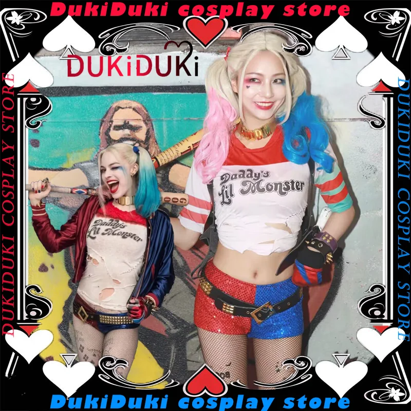 Moive Suicide Squad Harley Quinn Cosplay Costume Halloween Costume Girl Carniva  Party Role Play Leather Jacket with Wig Gloves