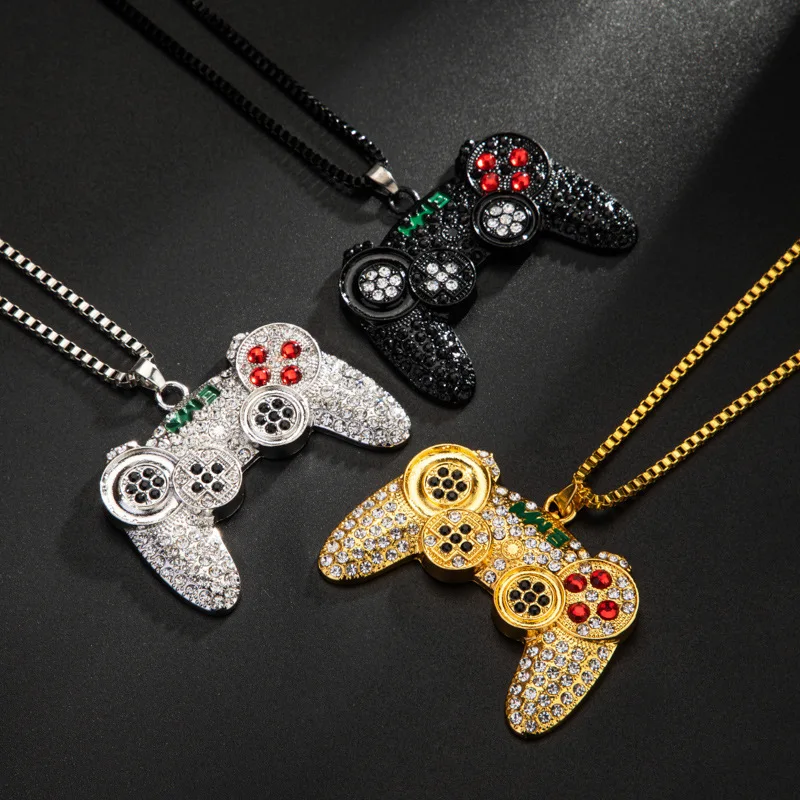 Hip-Hop Jewelry Game Console Handle Necklace Pendant Gold Color Chain Crystal Necklace Charms for Children Boys Gifts