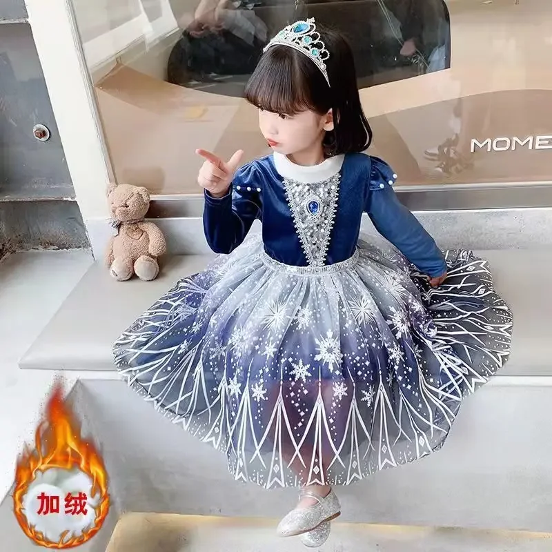 

Cartoon Disney Elsa Cute and Sweet Girls Autumn and Winter Comfortable, Soft, Fashionable and Versatile Plus Velvet Elsa Dress