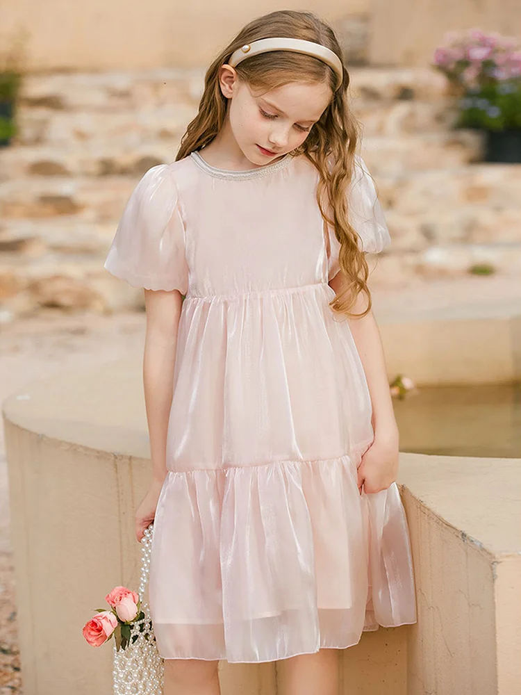 Baby Girls Summer Dresses Short Sleeve Pink Pearl Decro Wedding Flower Girl Wear Birthday Party Princess Clothing 3T 14yrs Kids