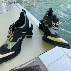 Strange Style Heels Ankle Boots Mixed Color Square Toe Lace Up Sewing Shoes Women's Fashion Unique Design Motorcycle Boots