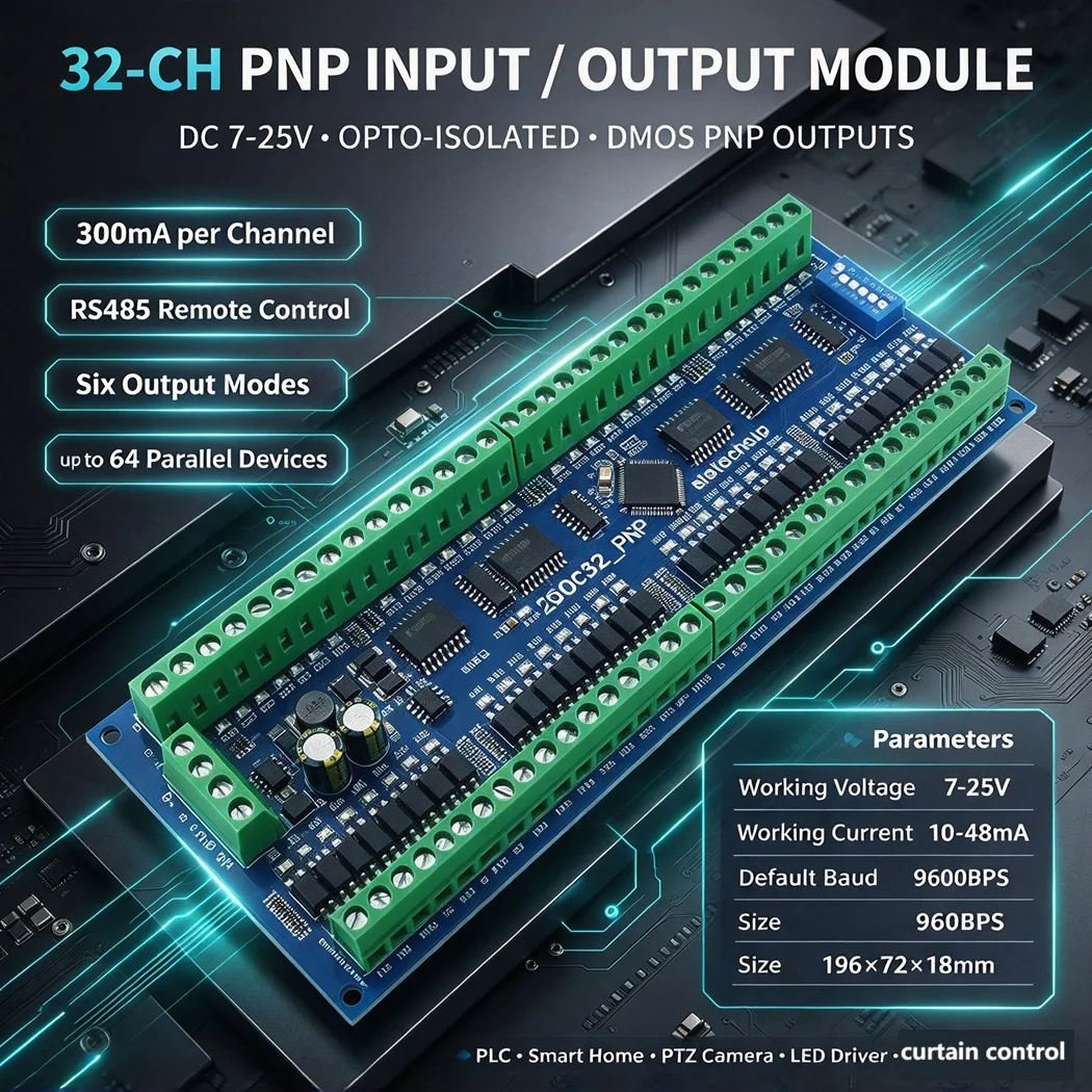 8/16/32CH RS485 Modbus RTU Remote IO Module Opto-Isolated NPN/PNP Input DMOS PNP 300mA Output DC7-25V PLC DIN Rail