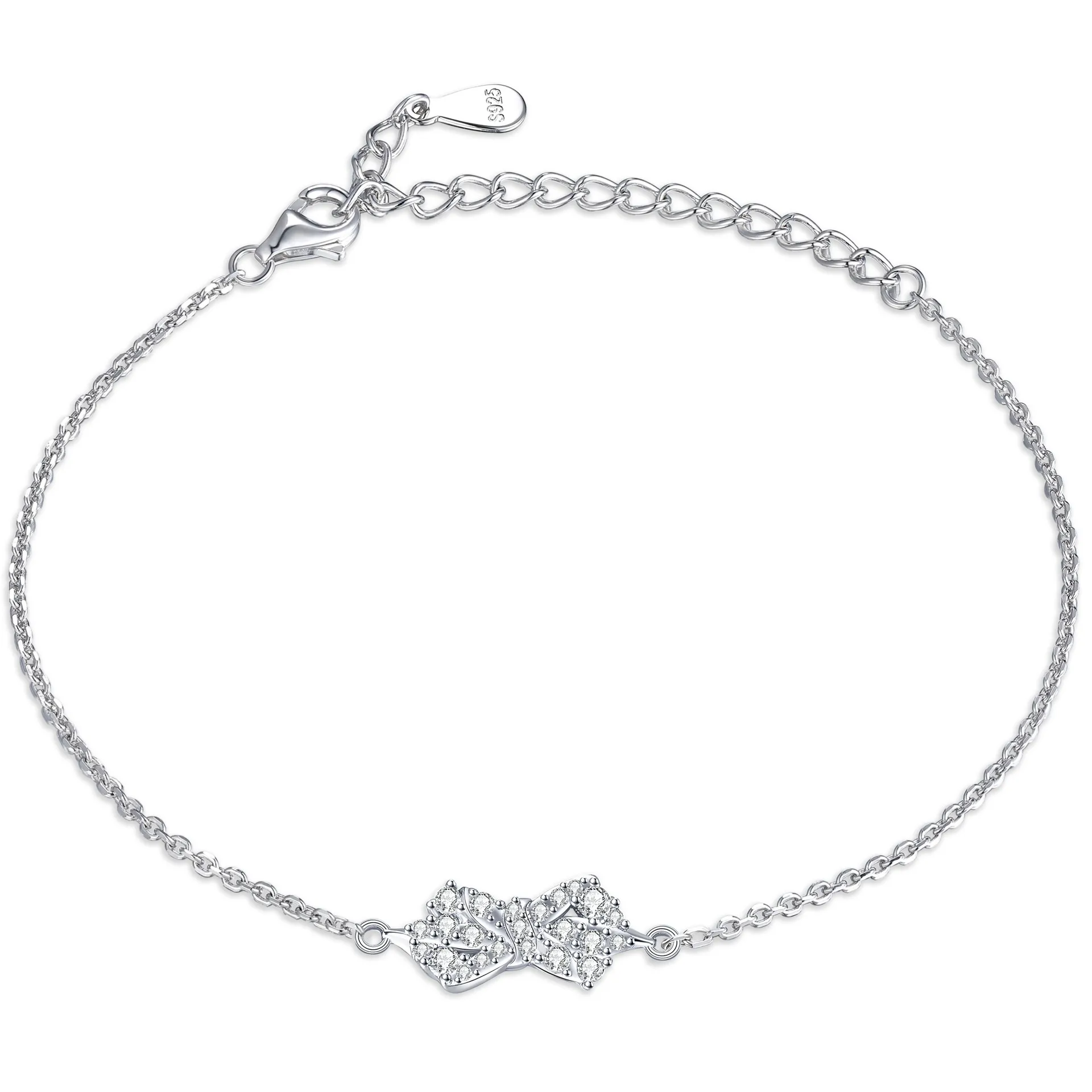

Minimalist S925 sterling silver plated 18K gold PT950 platinum bow moissanite bracelet, niche fashion silver bracelet