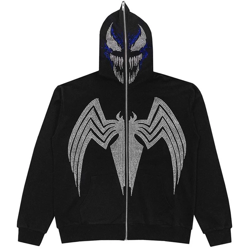 

Y2K Clothes Rhinestone Spider Print Hoodies Oversized Women Autumn Goth Harajuku Grunge Sweatshirt Men Zip Up Hooded Streetwear