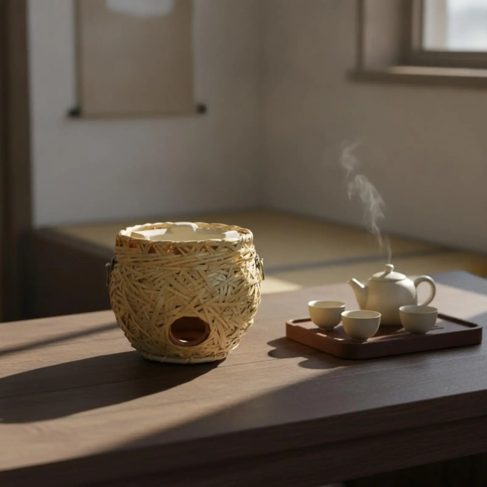 Compact Bamboo Charcoal Burning Tea Stove for Indoor Tea Gathering Ember Brazier with Heat Liner