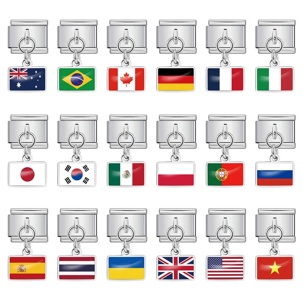 2026 Fashion World National Flag Pendant Italian Charm Link Fit 9mm Bracelet Stainless Steel Bangle Making Beads DIY Jewelry