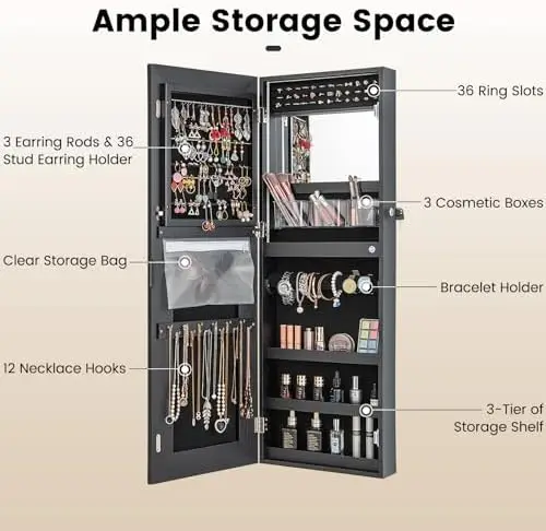 LED Mirror Jewelry Cabinet, Lockable Jewelry Armoire with Adjustable Lighted Full Length Mirror, 3 Lighting Sets, Wall