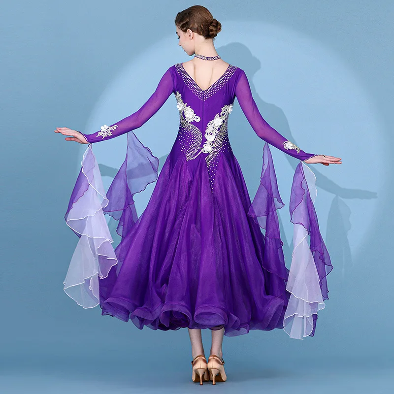 Alta qualidade feminino adulto longo dança wear jardim eterno trajes roxos personalizado vestido de dança de salão