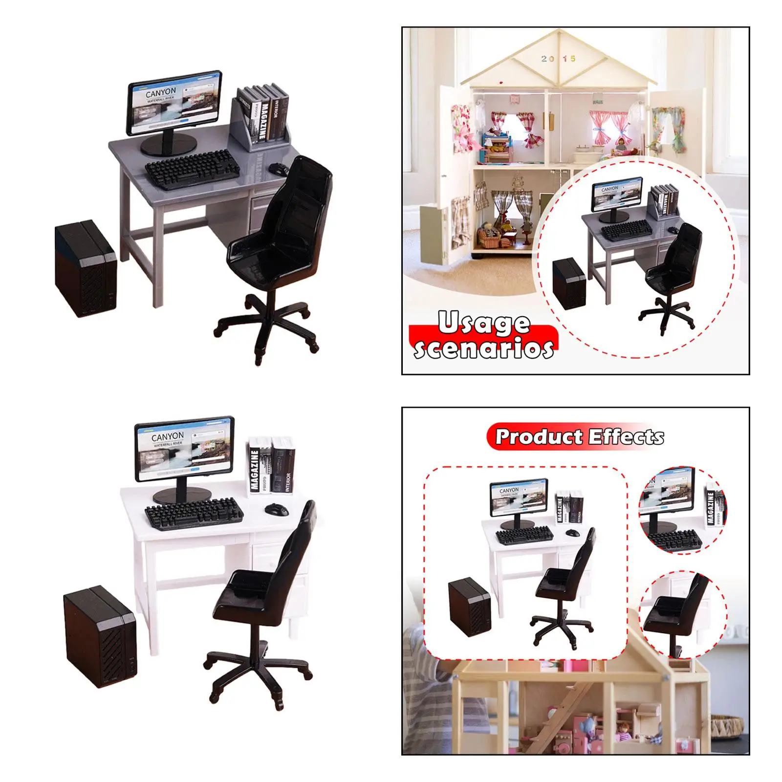 1/12 Miniatuur Computer Bureau en Stoel Mini Bureaustoel Set met Toetsenbord Model voor DIY Projecten Decoratie Accessoires