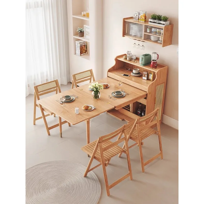 Solid wood dining table, foldable and retractable, small household , invisible storage, and sideboard cabinet