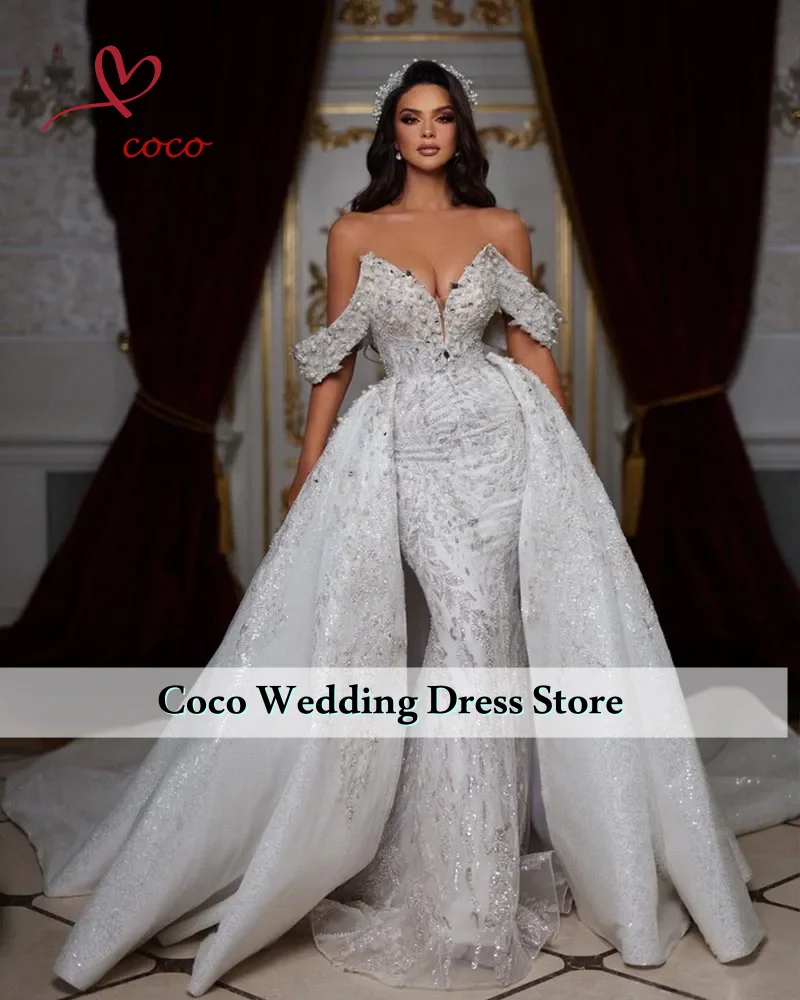 

Роскошные свадебные платья русалки с жемчугом по индивидуальному заказу, платье невесты с открытыми плечами и кристаллами, свадебное платье со съемным шлейфом