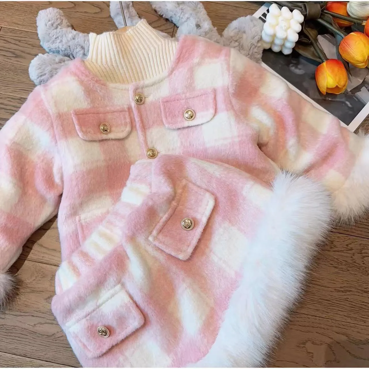 1-8Y Girls Winter Cotton Padded Clothes Set Thicken Plaid Fluffy Cuffs Kids Girls Overcoat A-line Furry Hem Girls Skirt Outfit