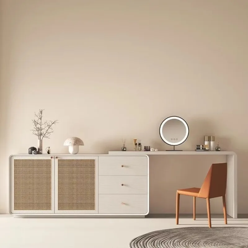 ML Rattan solid wood dressing table computer desk storage retractable modern simple log color desk