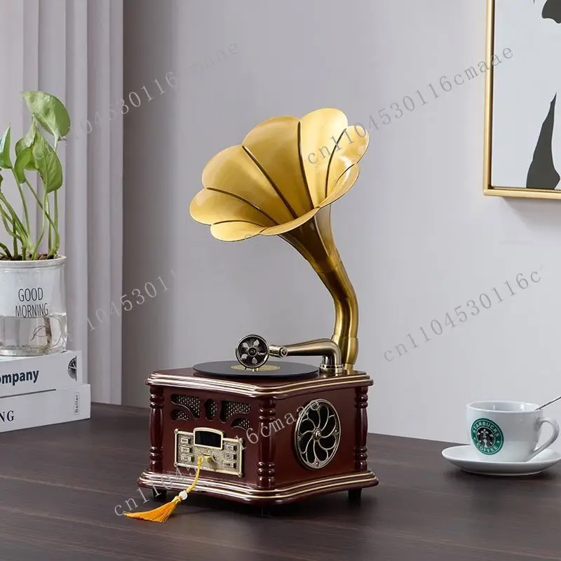 Retro European Solid Wood Phonograph Old-fashioned Bluetooth Small Audio Player Metal Vinyl Living Room Phonograph