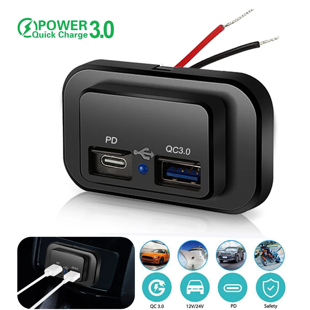 PD QC3.0 Gniazdo ładowarki samochodowej Szybkie ładowanie 12V/24V Do motocykli Auto Truck ATV RV Bus Podwójne zasilanie USB Gniazdo LED Światło