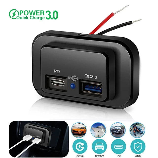 PD QC3.0 Gniazdo ładowarki samochodowej Szybkie ładowanie 12V/24V Do motocykli Auto Truck ATV RV Bus Podwójne zasilanie USB Gniazdo LED Światło