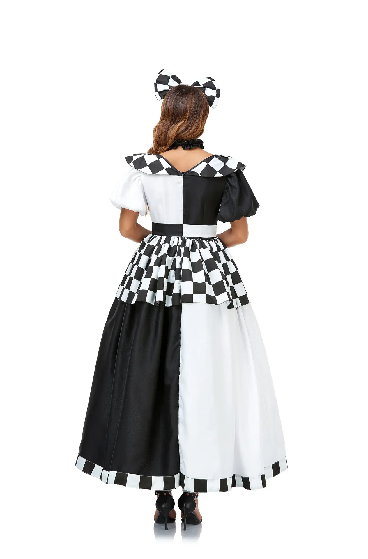 Fantasia de cosplay de princesa de pôquer xadrez preto e branco para Halloween