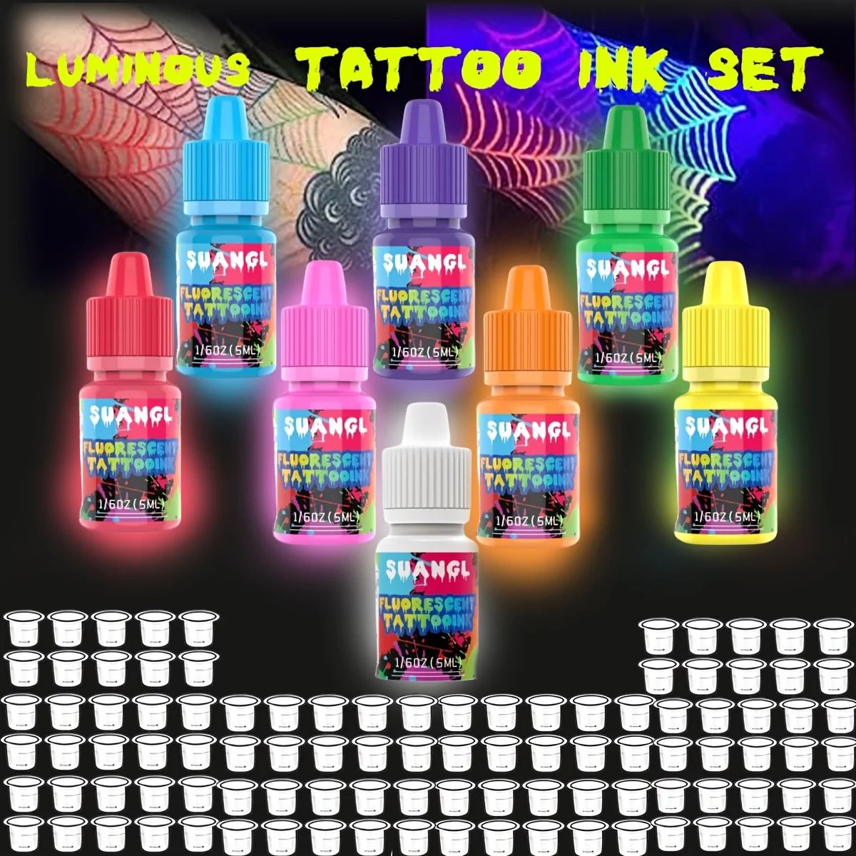 

Fluorescent tattoo ink kit, includes 8 colors of fluorescent tattoo ink and 100 ink cups, safe and non-toxic fluorescent ink.