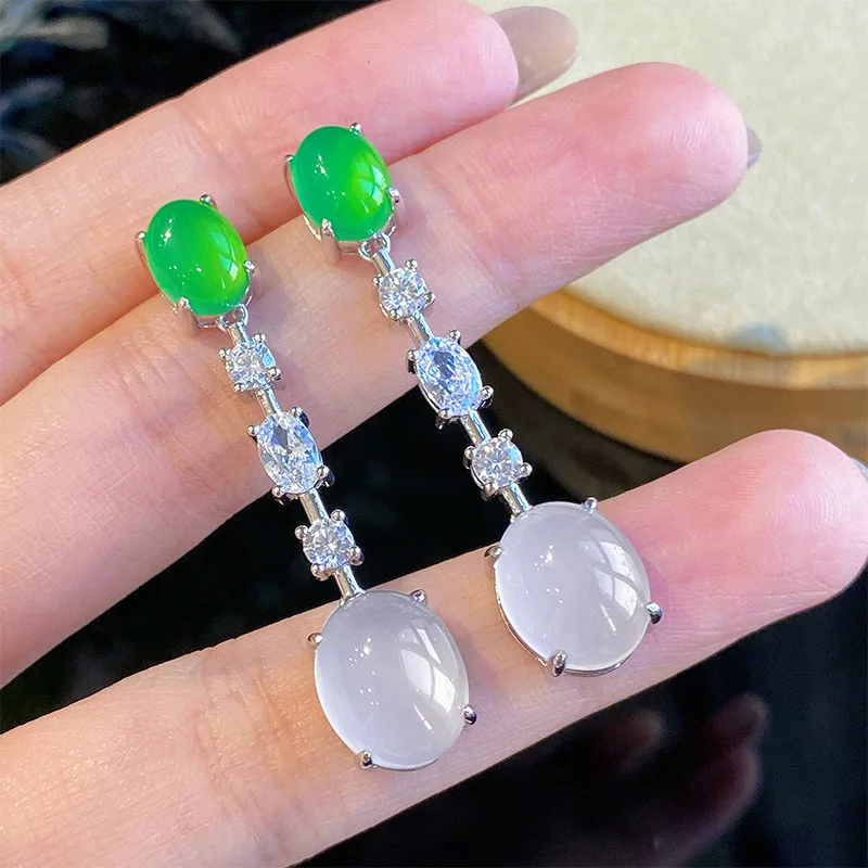 

Натуральный лед, прозрачный зеленый халцедон, серый агат, овальная поверхность яиц, универсальные длинные серьги для женщин, высококачественные элегантные St