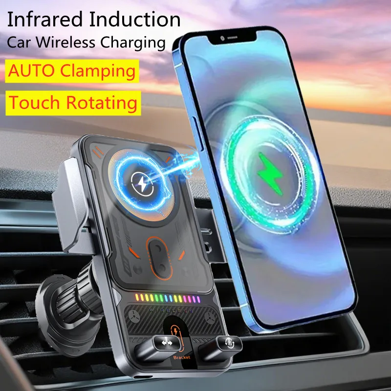 Suporte giratório elétrico para celular, bobina dupla, carregador sem fio, ventilação de ar, suporte de célula para iphone/samsung/xiaomi, montagem de