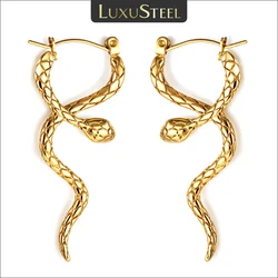 LUXUSTEEL Vintage Stainless Steel Snake Hoop Earrings For Women Girls Golden Plated Waterproof Unusual Animal Ear Jewelry Gifts