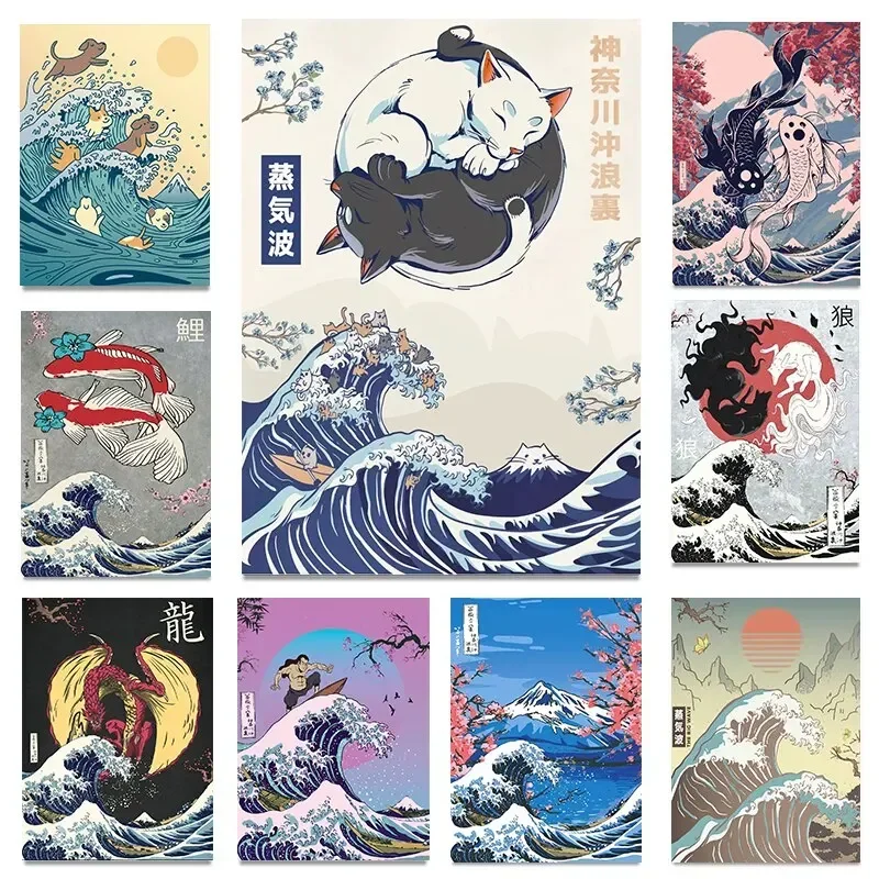 النمط الياباني موجة كبيرة قبالة كاناغاوا مع القط يين يانغ Axolotl Kaiju و كوي الأسماك المشارك قماش اللوحة لغرفة المعيشة وا #1
