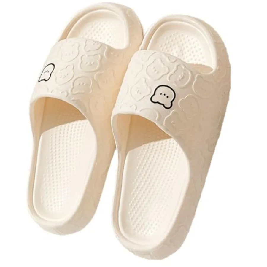 Pantuflas con Diseño de Osito, Suela Antideslizante de EVA para Interiores, Zapatillas de Casa para Hombre y Mujer, Blancas