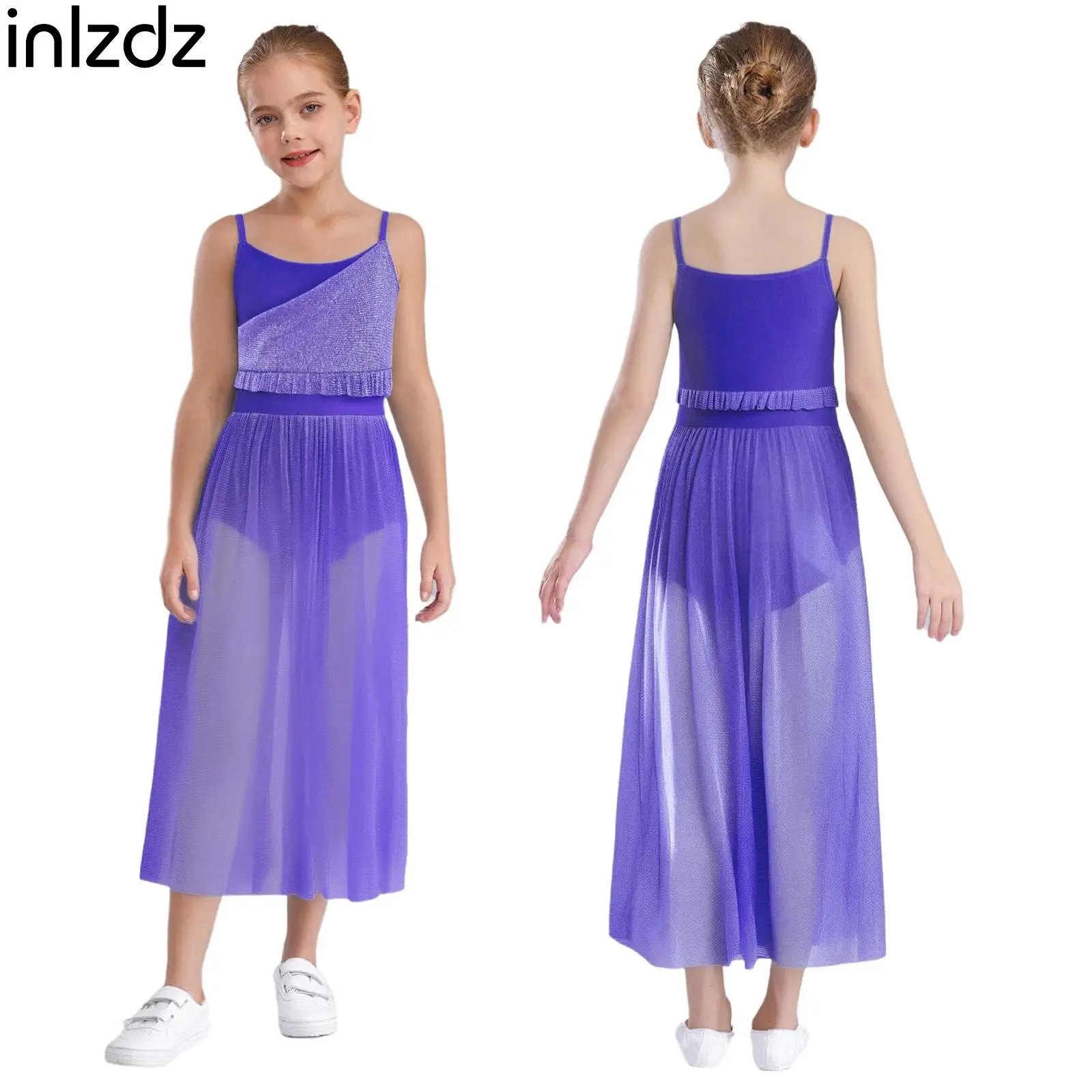 

Kids Girls Sleeveless Ballet Lyrical Dance Long Dress Contemporary Modern Dancewear Sleeveless Mesh Figure Skating Leotard Dress