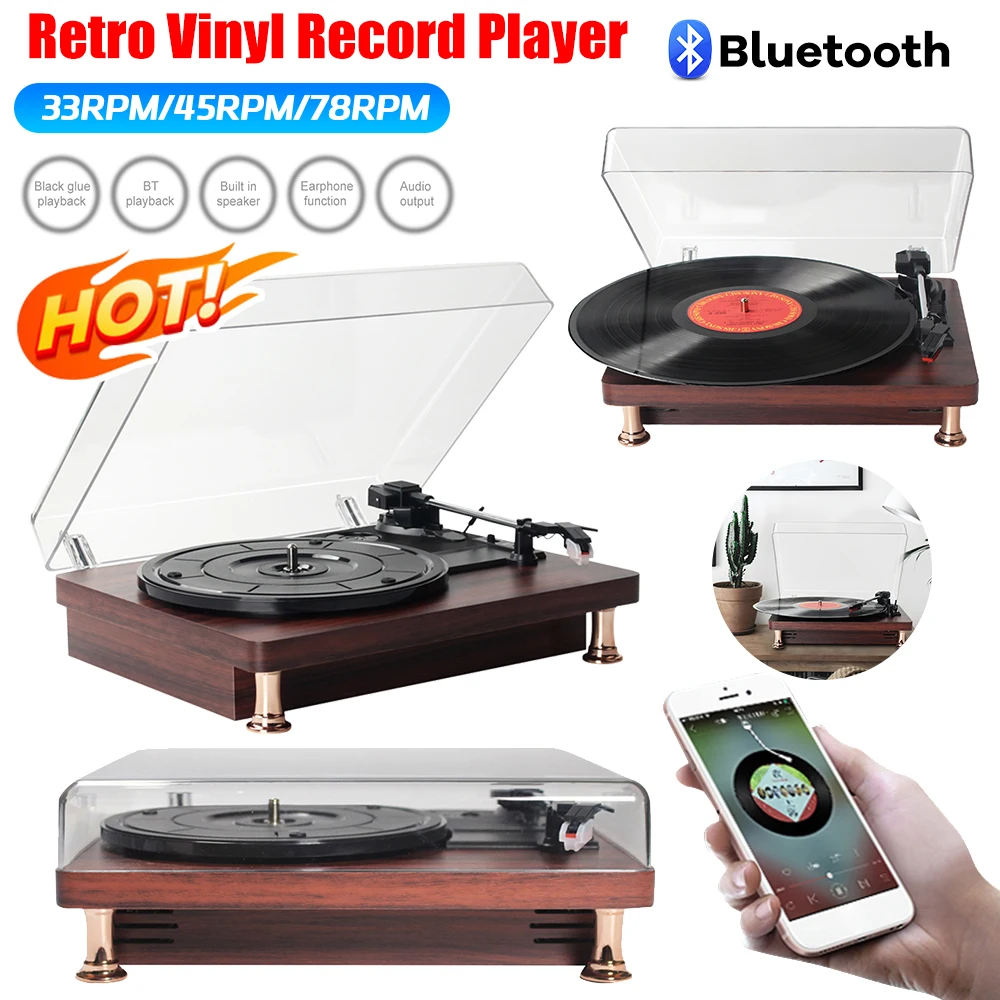 Retro Vinyl Record Player Bluetooth-Compatible Turntable Record Player 33/45/78RPM Classic Record Player for Home Decoration