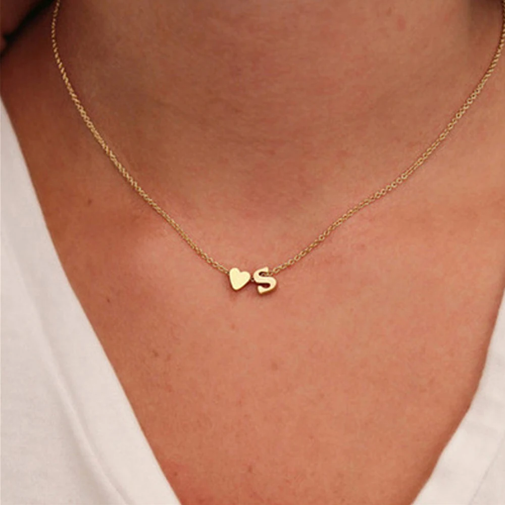 New Fashion Tiny Heart Dainty Initial 26 Letter Necklace Gold Silver Color Stainless Steel Women Girl\'s Jewelry Birthday Gift