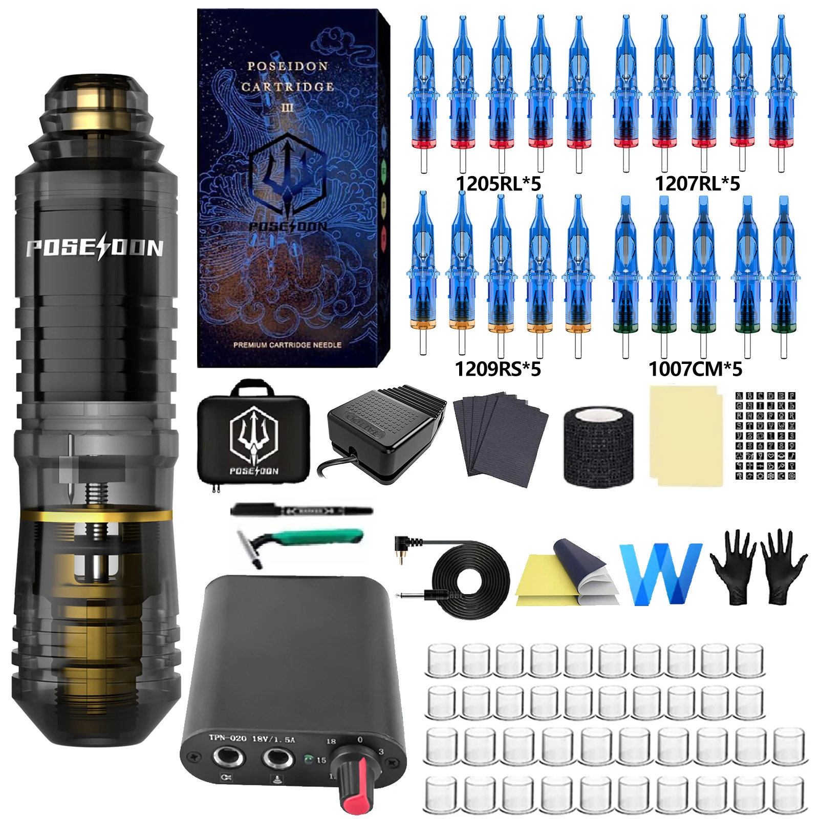 Tattoo Kit POSEIDON Transparent Black Tattoo Pen Kit For Permanent Makeup Tattoo Machine Kit Tattoo Power Supply Tattoo Gun Kit