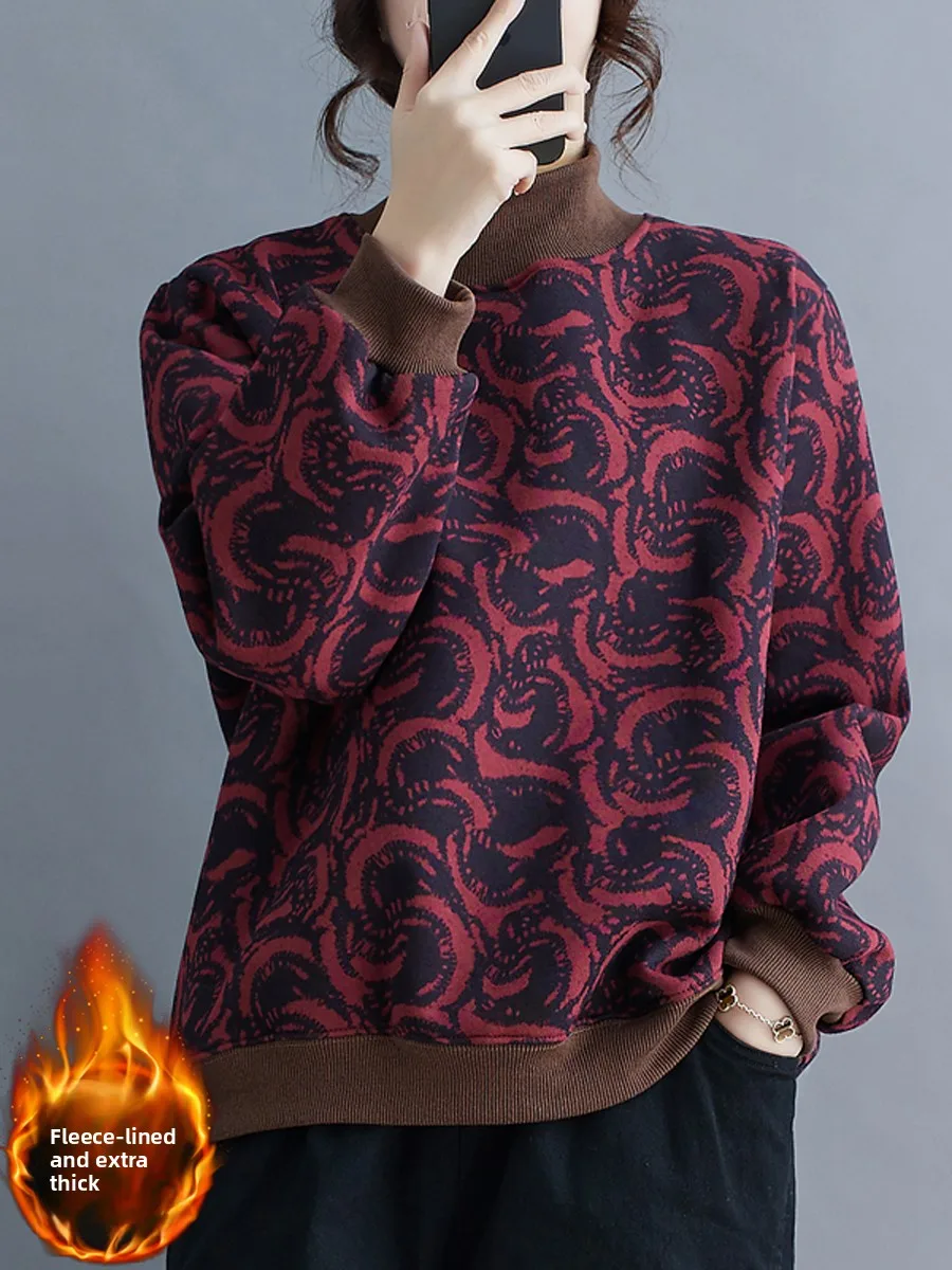 

Thickened Fleece Floral Sweatshirt Women's Winter Mom Style Fashionable Youthful Overhead Shirt Artistic Commute Style Long S...