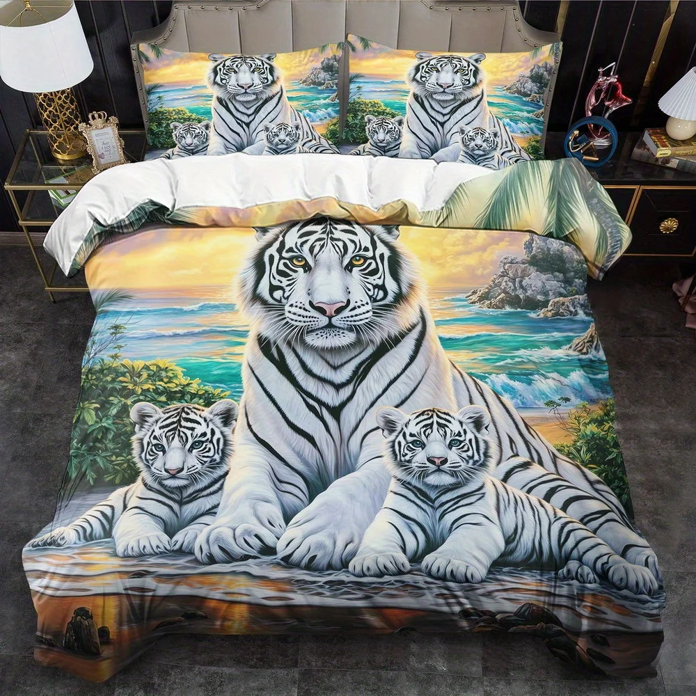 

White Tiger Theme Down Comforter Cover Set - 2/3pcs, Soft Comfortable Breathable, Fantasy Animal Pattern Printed Bedding Set