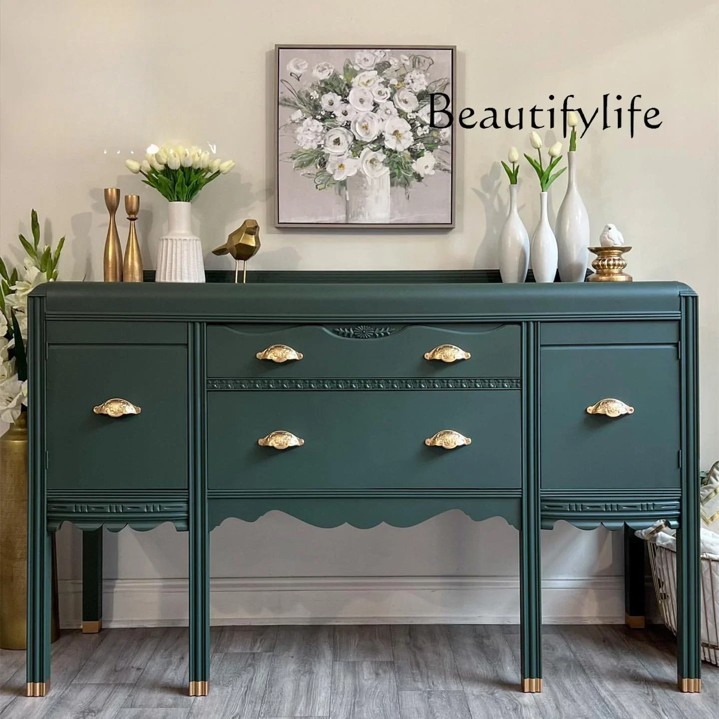 

French Retro Solid Wood Carved Porch Cabinet American Living Room Home Decoration Dining Side Cabinet Art Wall Storage Cabine