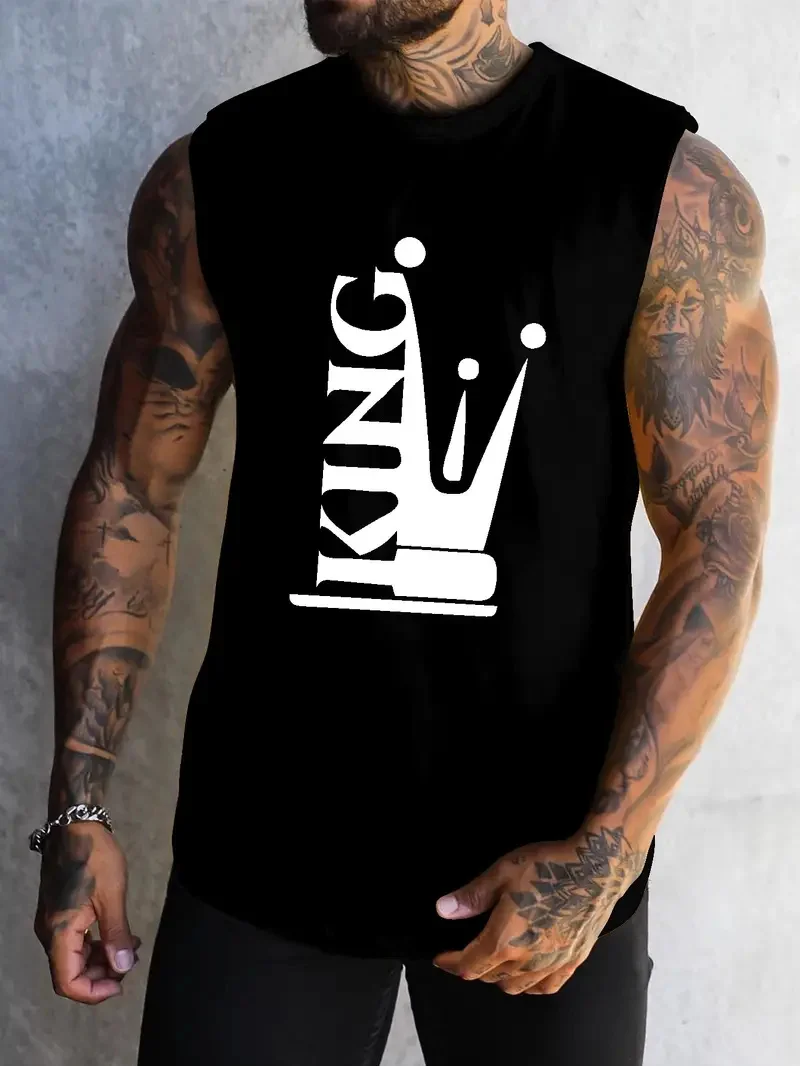 

Men's Tank Tops Summer Round Neck Fitness Training Running Loose Breathable Vest Outdoor Sports Simple Abstract Crown Print Top