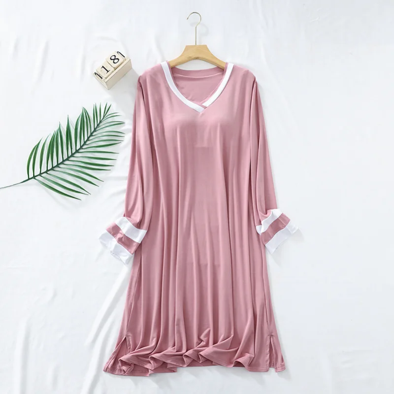 2024 New Women\'s Spring and Summer Sleeping Dress Modal V-neck long-sleeved skirt with breast pad Loose household skirt summer