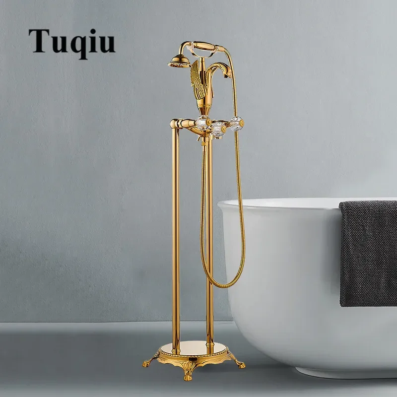 Gold Bathroom Bathtub Faucet Handheld Shower Free Standing Black Oil Brushed Swan BathTub Mixer Taps Floor Mounted