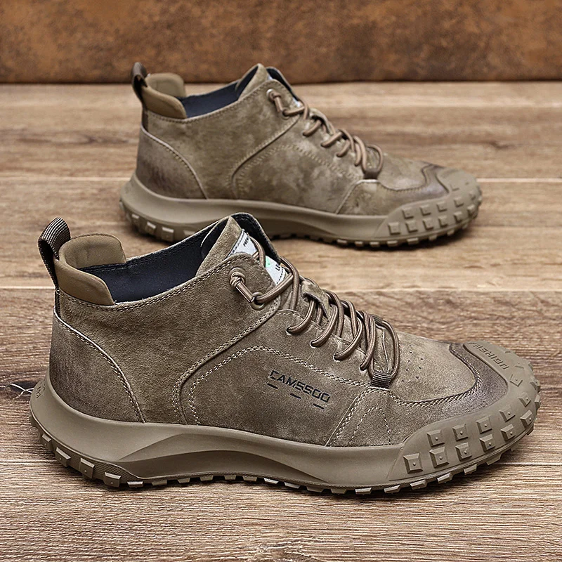 Men's Spring Autumn High Top Leather Casual Shoes Baotou Anti-Collision Anti-Skid Retro Outdoor Mountaineering Shoe Tooling Shoe