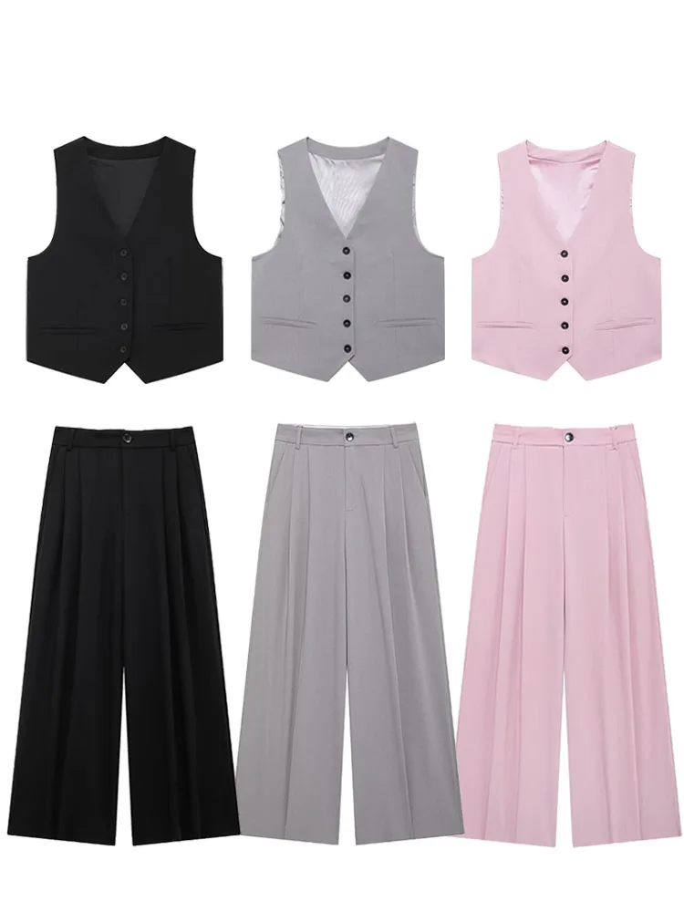 TRAFZA Female Fashion 2-Piece Set V-Neck Sleeveless Pocket Single Breasted Vest Tops+New High Waist Zipper Ankle Length Pants