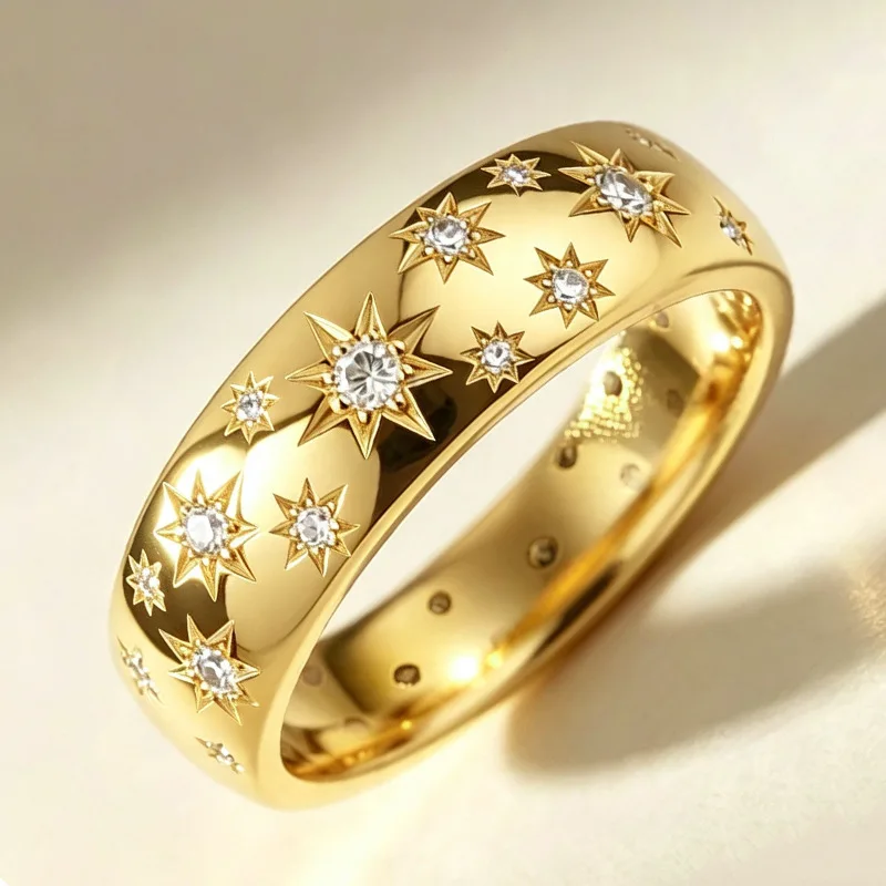 Vintage 18K Gold Plated Starburst Ring for Women Cubic Zirconia Eight-pointed Star Wide Band Stackable Statement Wedding Jewelry