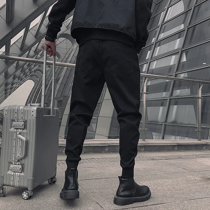 2024 Spring Summer New Jogger Pants Men Black Cotton Drawstring Tapered Trousers Spliced Washed Fashion Harem Man