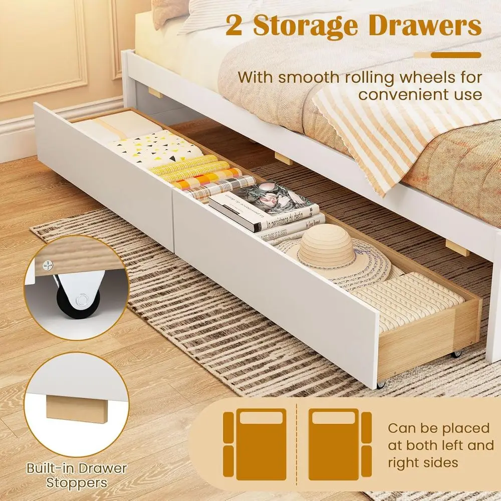 White Queen Size Solid Wood Platform Bed with 2 Storage Drawers and Slats Support, Heavy Duty Daybed for Teens and Adults, No Bo - view 4