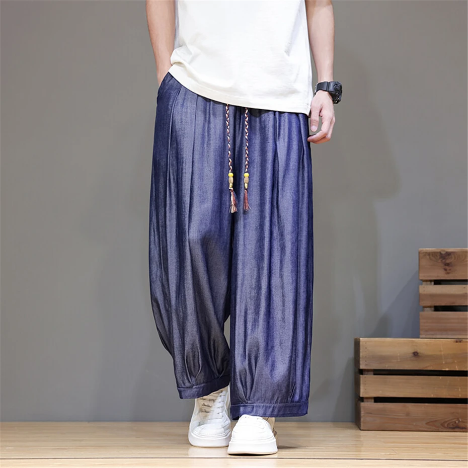 Large Size Harem Pant Mens Summer Thin Vintage Casual Trousers Men Harajuku Chinese Style Baggy Ankle Length Pants Male