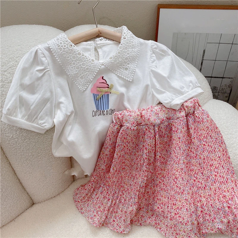 Summer Girls\' Clothing Sets Korean Style Cute Hollow Lace Lapel Top +Floral Skirt Fashion Baby Kids Outfit Children Clothes Suit