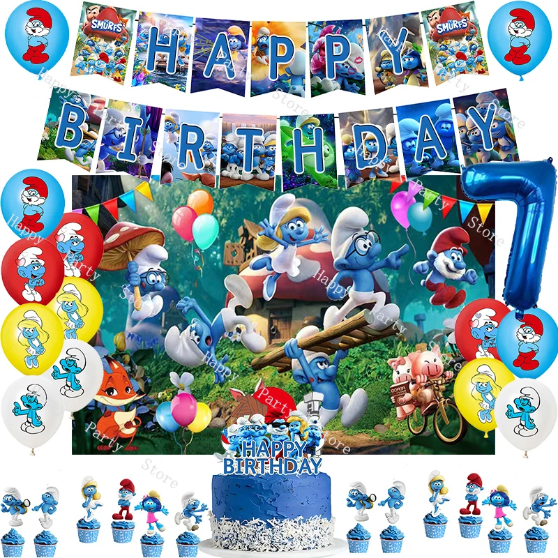 The Smurfs Birthday Party Decoration According Options Balloon Banner Backdrop Cake Topper Smurfs Party Supplies Baby Shower