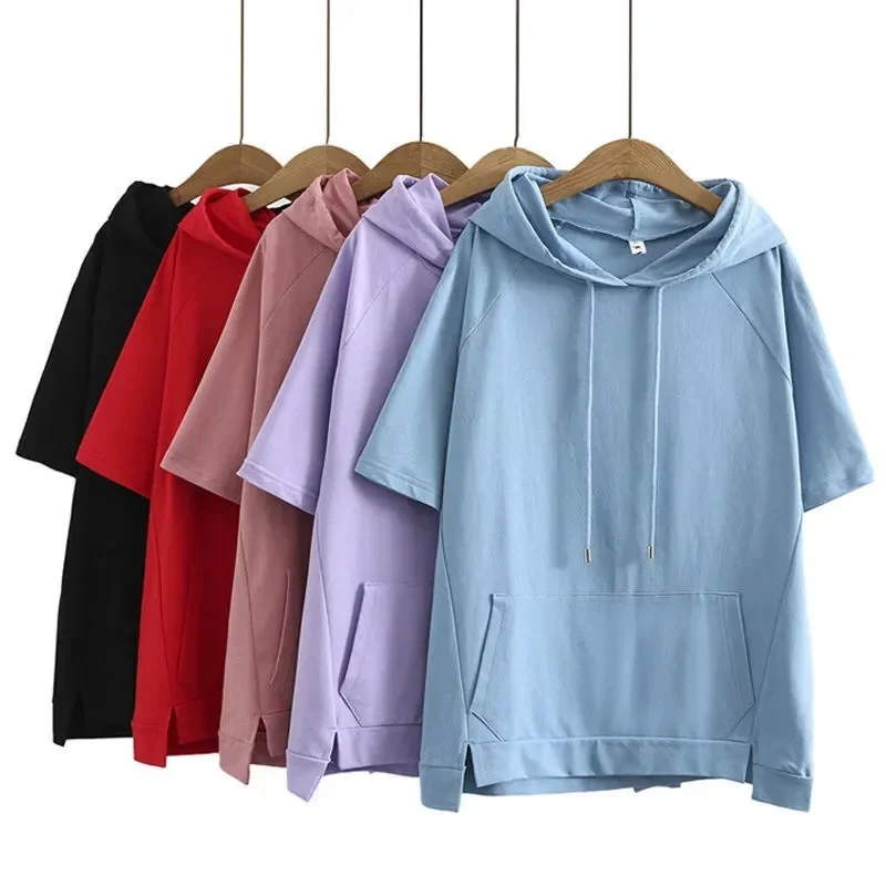 

Oversize 4XL Loose Sweatshirts Women Cotton Hoodies Summer Short-sleeves Thin Tees Female Casual Pullover Tops Outerwear F812